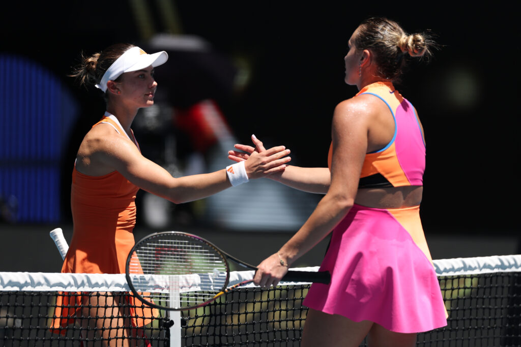 Aryna Sabalenka shakes hands with Iva Jovic after beating her in the quarterfinals of the 2026 Australian Open.