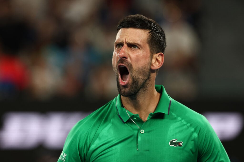 Novak Djokovic celebrates beating Jannik Sinner at the 2026 Australian Open