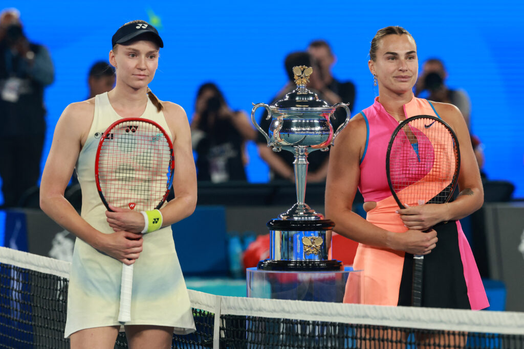 Elena Rybakina and Aryna Sabalenka pose for a photo before the 2026 Australian Open final
