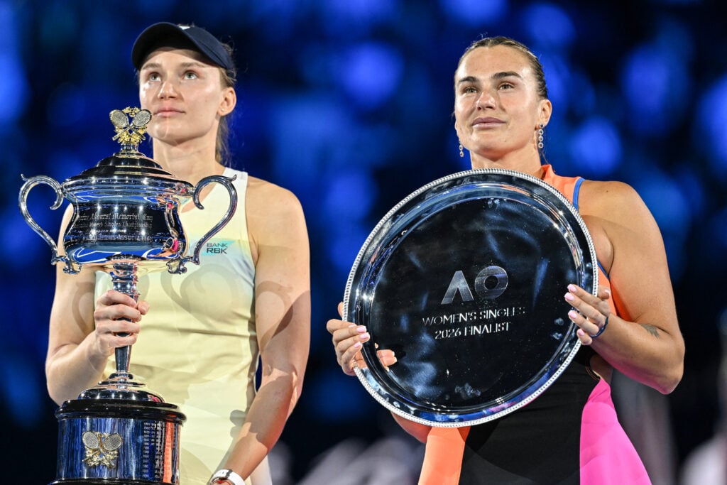 Aryna Sabalenka and Elena Rybakina pose with their trophies