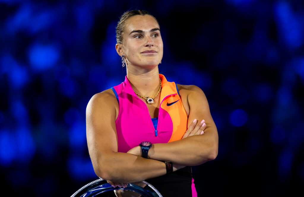 Aryna Sabalenka during the trophy ceremony after losing to Elena Rybakina in the 2026 Australian Open final.