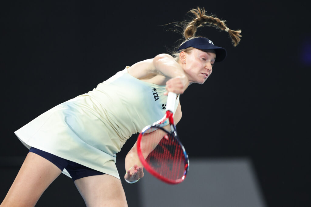 Elena Rybakina hits a serve during the 2026 Australian Open final