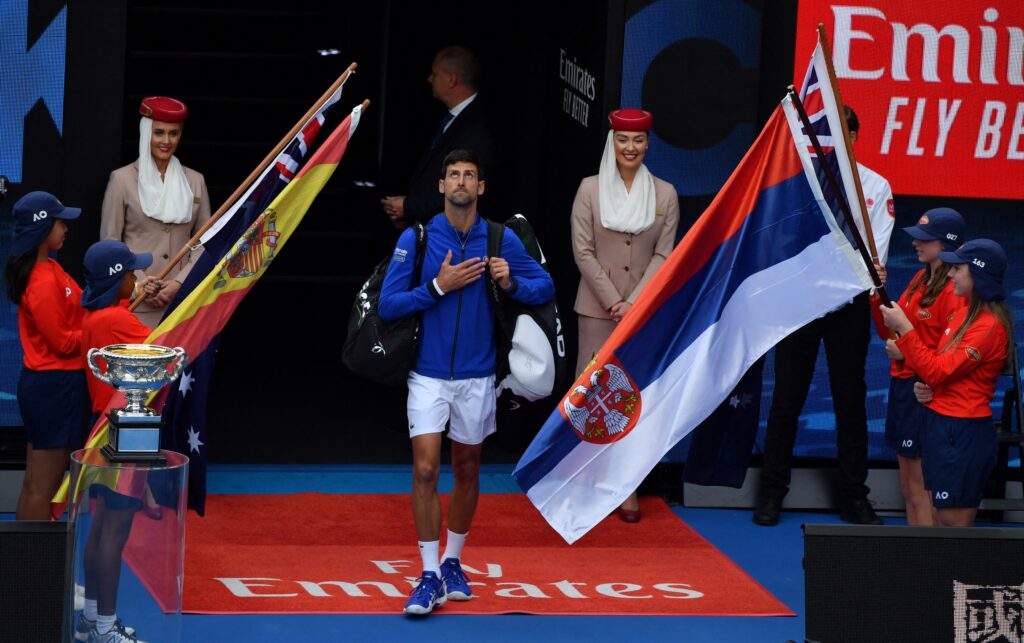 Novak Djokovic walks onto the court at the 2019 Australian Open.