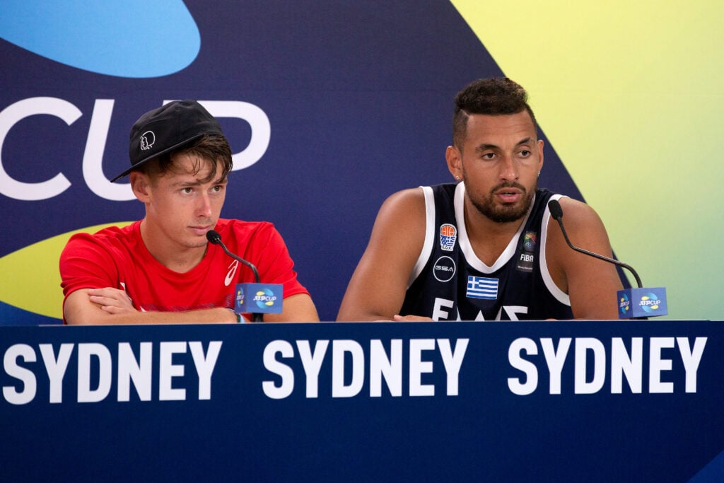 Nick Kyrgios and Alex de Minaur attend a press conference in Sydney in 2020.