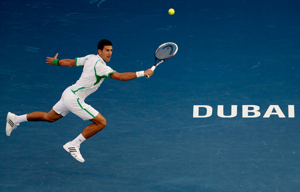 Novak Djokovic in action at the Dubai Tennis Championships in 2013.
