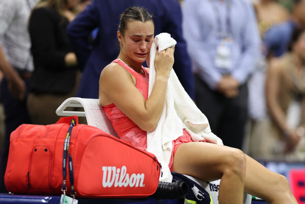 Aryna Sabalenka reacts after losing the 2023 US Open final to Coco Gauff