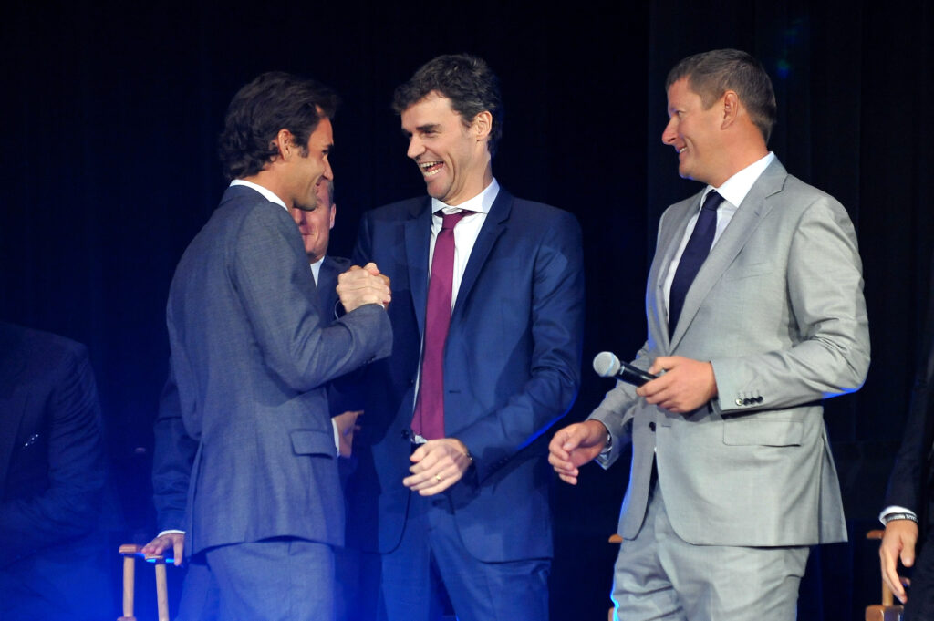 Roger Federer, Gustavo Kuerten, and Yevgeny Kafelnikov pictured together in 2013