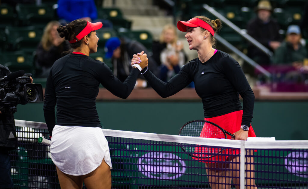 Jessica Pegula and Elina Svitolina embrace after their match at Indian Wells in 2025