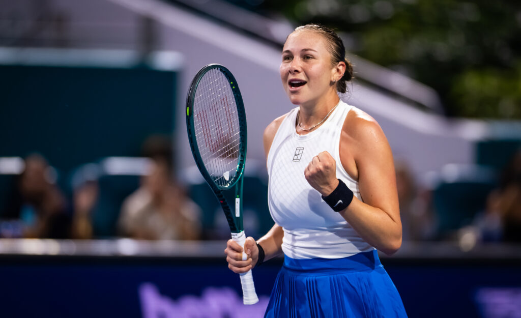 Amanda Anisimova celebrates after beating Mirra Andreeva at the 2025 Miami Open.