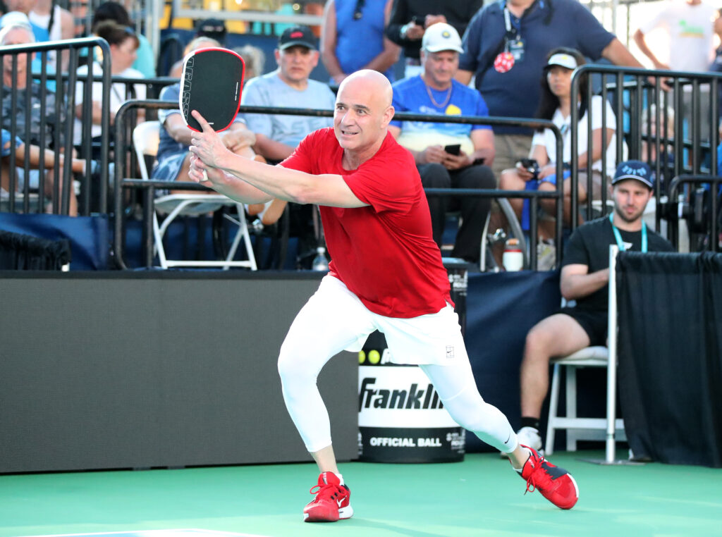 Andre Agassi playing pickleball in 2025