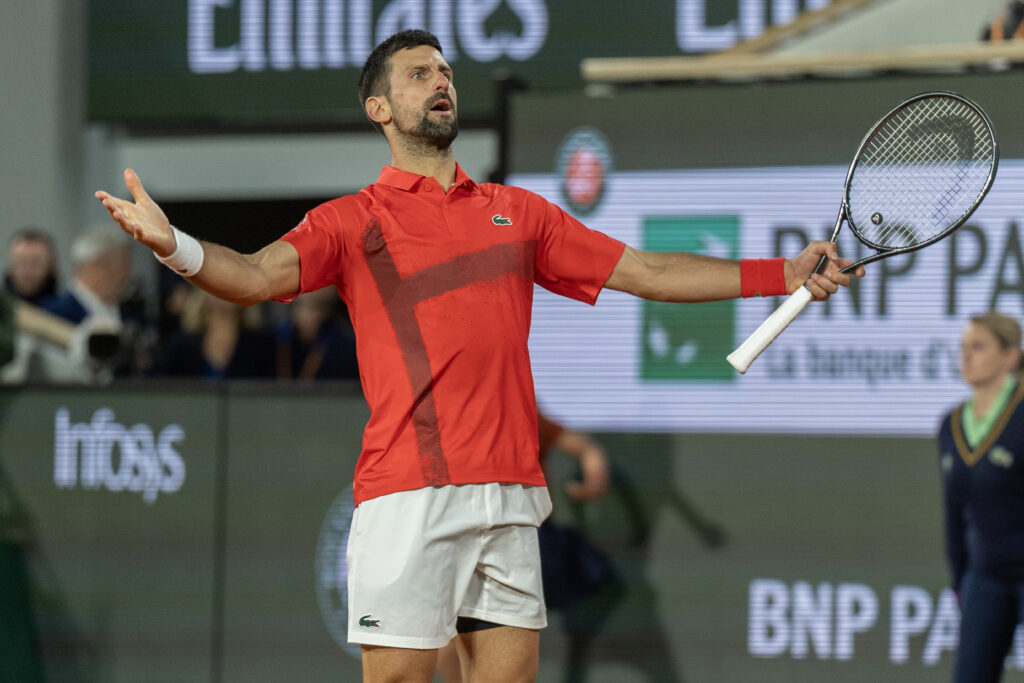 Novak Djokovic reacts during the 2025 French Open semifinals