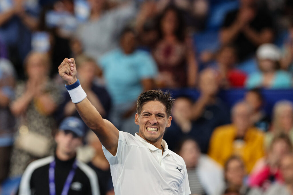 Sebastian Baez celebrates after beating Taylor Fritz at the 2026 United Cup.