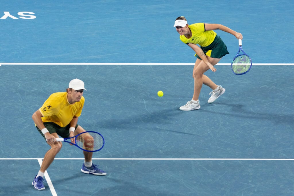 Alex de Minaur and Storm Hunter playing doubles at the 2026 United Cup.