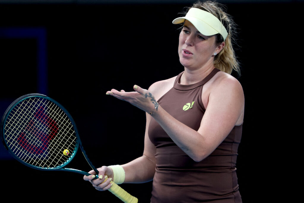 Anastasia Pavlyuchenkova expresses frustration during her match against Zhuoxuan at the 2026 Australian Open.