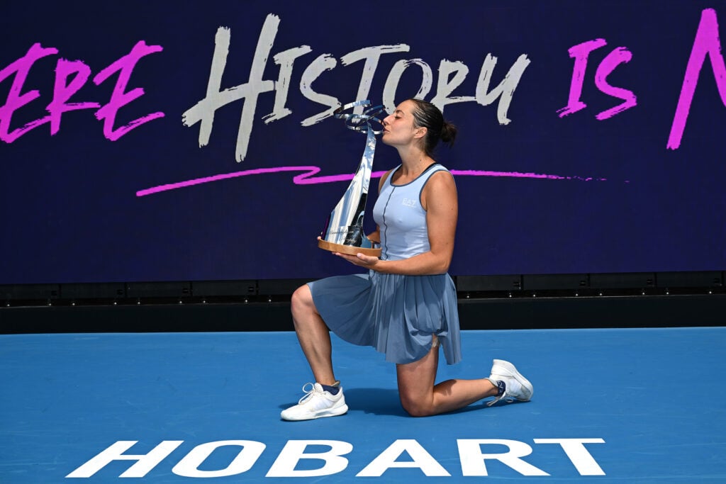 Elisabetta Cocciaretto celebrates after winning the 2026 Hobart International
