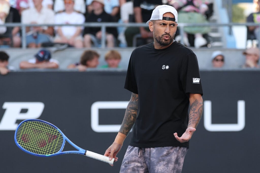 Nick Kyrgios reacts during his mixed doubles match with Leylah Fernandez at the 2026 Australian Open.