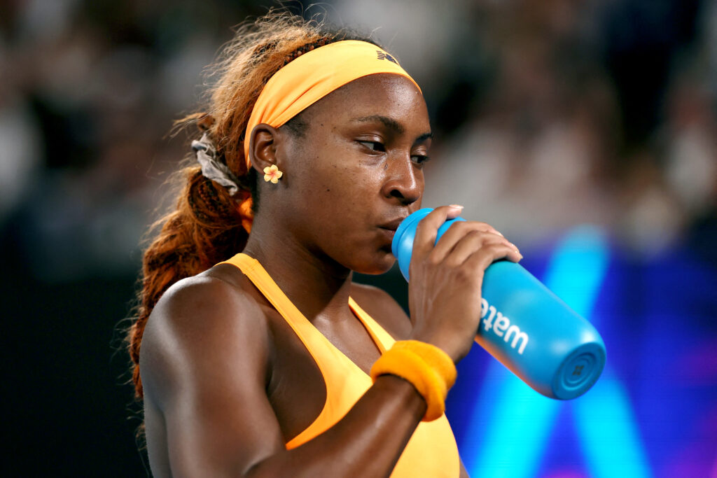 Coco Gauff reacts during her defeat to Elina Svitolina at the 2026 Australian Open