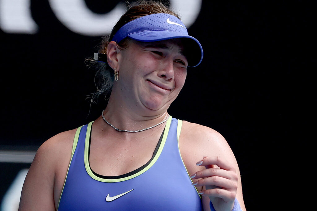Amanda Anisimova reacts at the Australian Open.