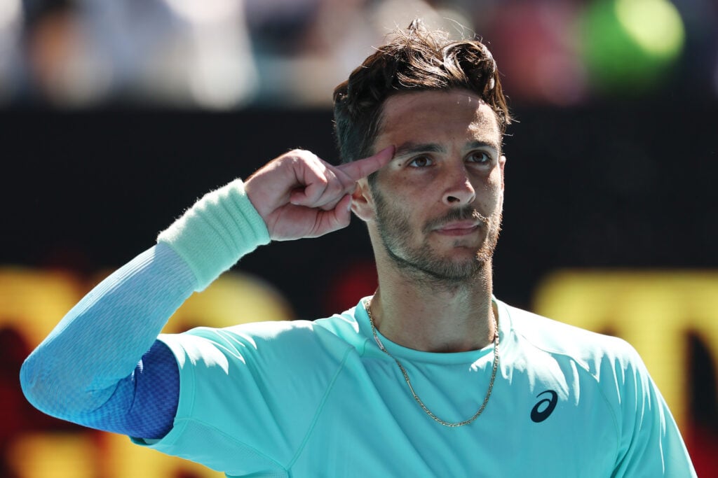 Lorenzo Musetti celebrates his win over Taylor Fritz at the 2026 Australian Open