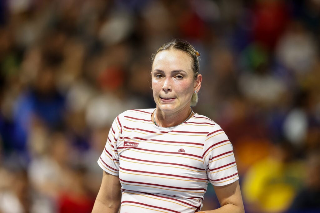 Donna Vekic reacts during her match against Kyoka Okamura at the Philippines Women's Open.