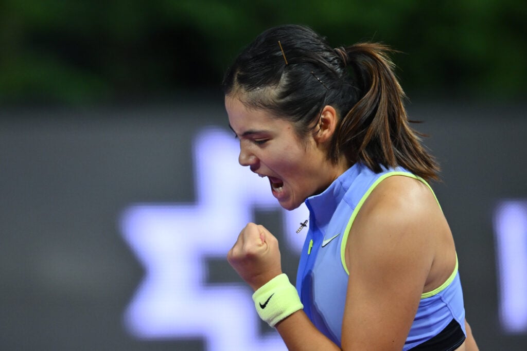 Emma Raducanu celebrates during the first round of the 2026 Transylvania Open