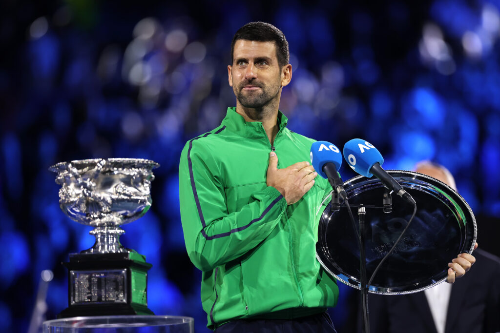 Novak Djokovic speaks during the post-match ceremony after losing the Australian Open final to Carlos Alcaraz.