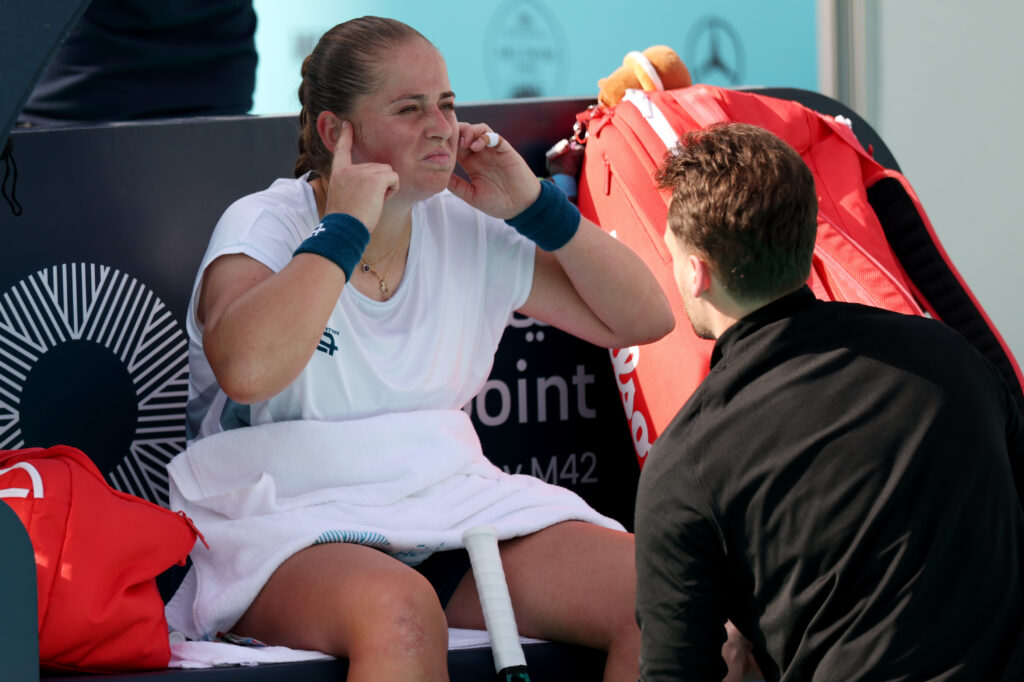 Jelena Ostapenko reacts during the 2026 Qatar Open