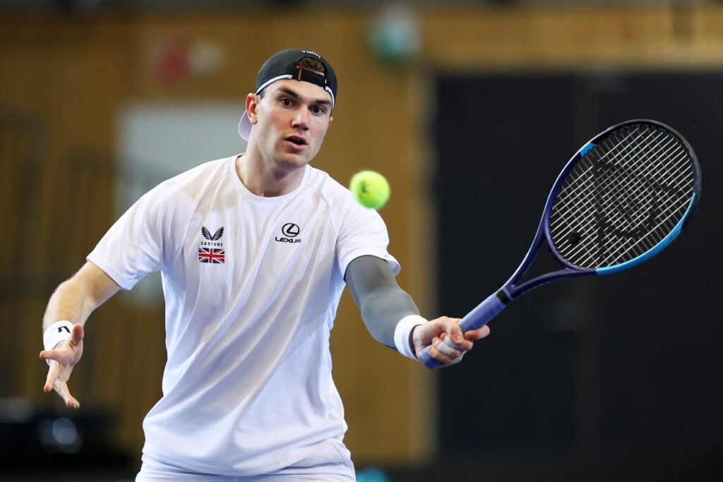 Jack Draper plays a volley during his practice session ahead of Great Britain's Davis Cup tie against Norway in Oslo.
