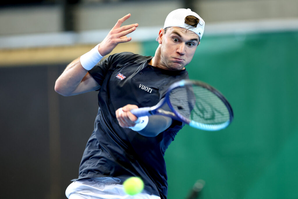 Jack Draper hits a forehand at the 2026 Davis Cup