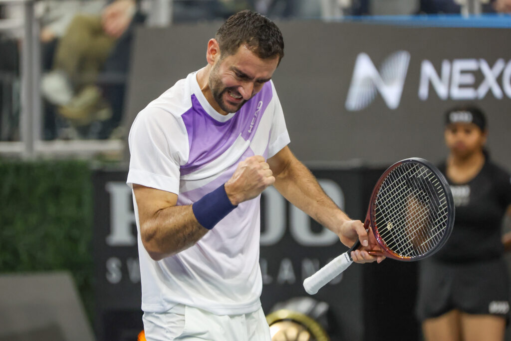 Marin Cilic reacts after winning a point against Learner Tien at the 2026 Dallas Open.
