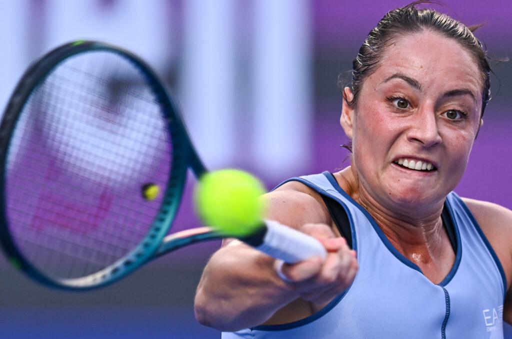 Elisabetta Cocciaretto hits a forehand at the 2026 Qatar Open