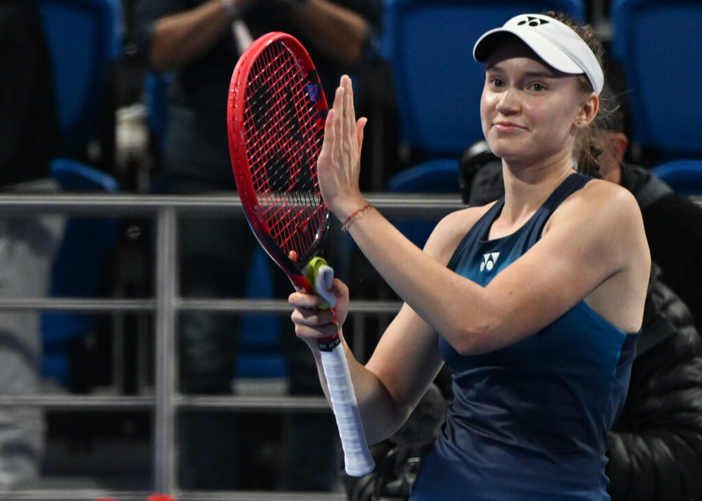 Elena Rybakina celebrates her win against Qinwen Zheng at the 2026 Qatar Open
