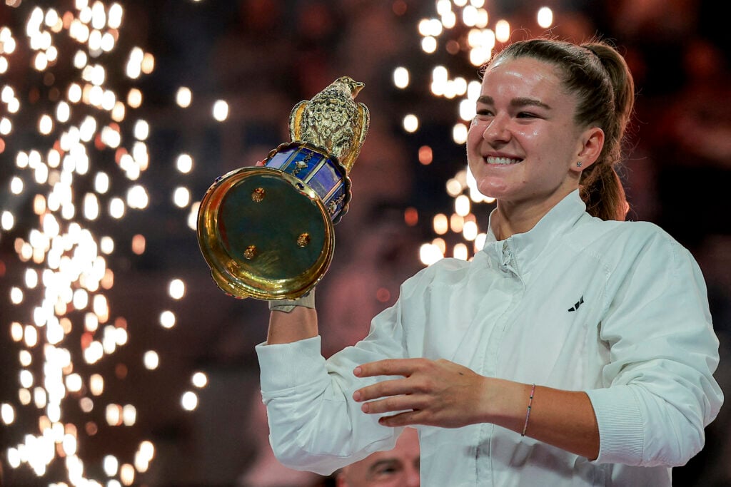 Karolina Muchova celebrates after winning the 2026 Qatar Open