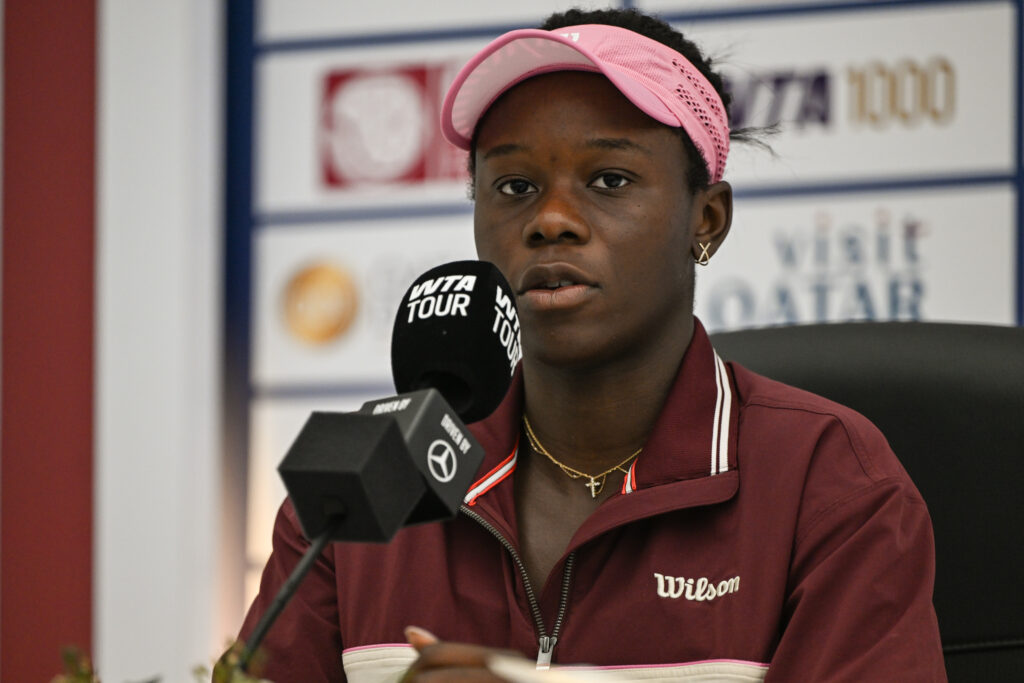 Victoria Mboko speaks during her post-match press conference after losing to Karolina Muchova in the 2026 Qatar Open final.