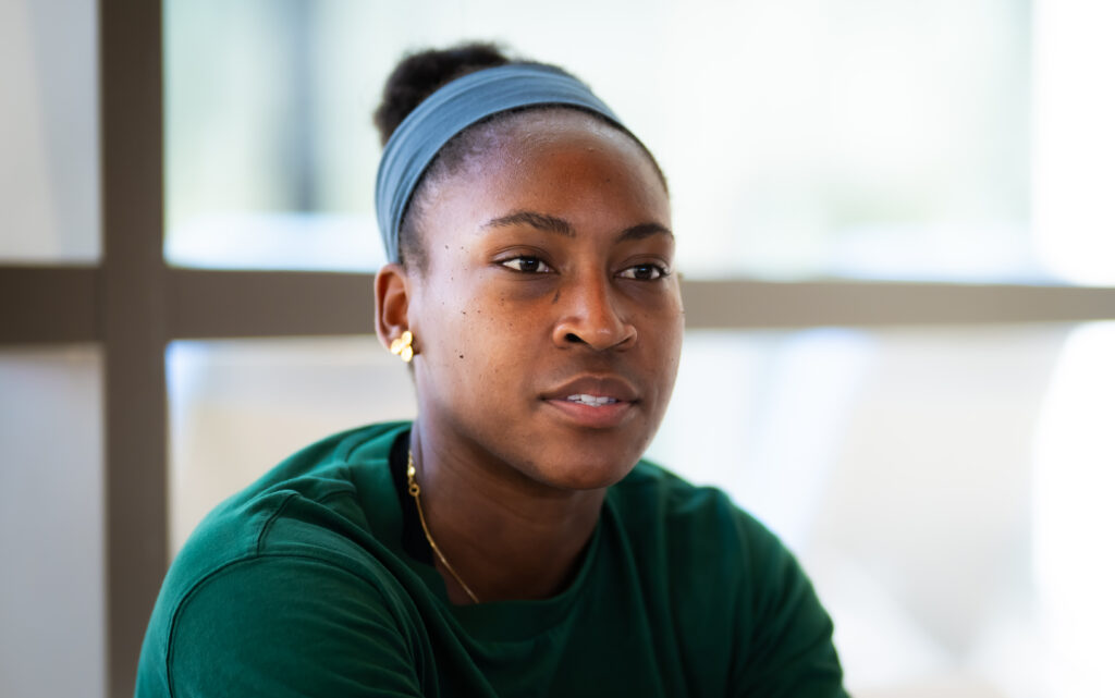 Coco Gauff speaks to the media ahead of the 2026 Dubai Tennis Championships.