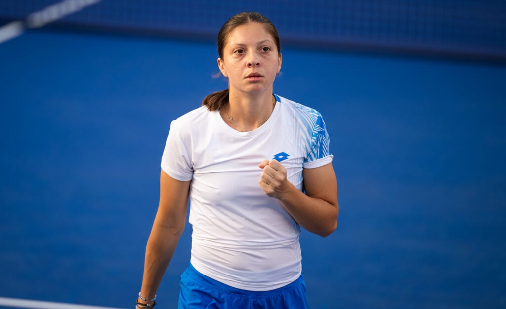 Antonia Ruzic celebrates against Emma Raducanu at the 2026 Dubai Tennis Championships