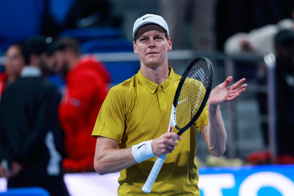 Jannik Sinner celebrates after beating Tomas Machac at the 2026 Qatar Open.