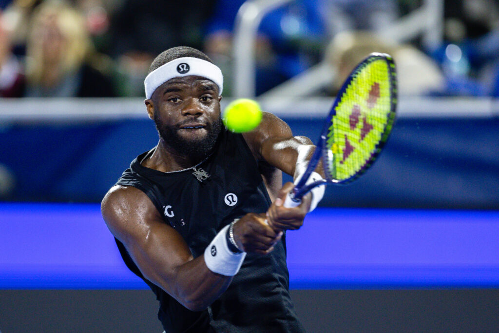 Frances Tiafoe hits a backhand against Rinky Hijikata at the 2026 Delray Beach Open.