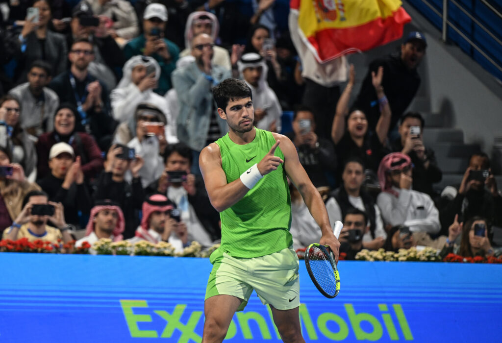 Carlos Alcaraz celebrates at the 2026 Qatar Open
