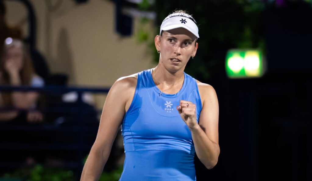 Elise Mertens reacts after winning a point against Coco Gauff at the 2026 Dubai Tennis Championships.