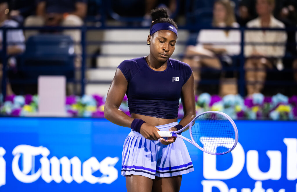 Coco Gauff reacts during her match against Elise Mertens at the 2026 Dubai Tennis Championships.