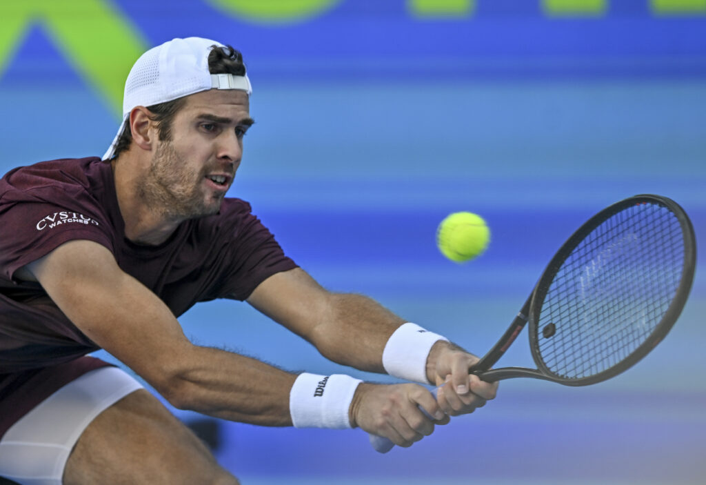 Karen Khachanov hits a backhand at the 2026 Qatar Open
