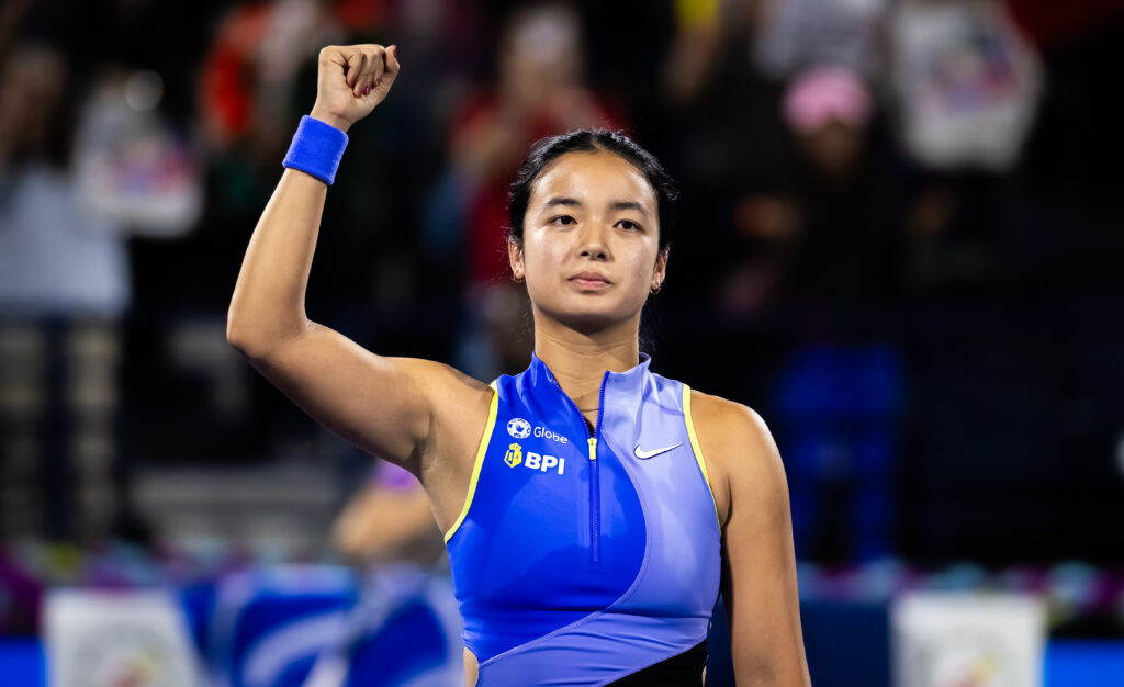 Alexandra Eala reacts after beating Sorana Cirstea at the 2026 Dubai Tennis Championships.
