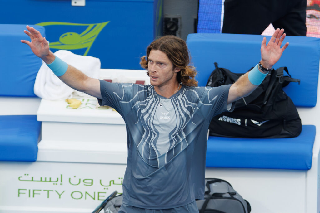 Andrey Rublev celebrates his win against Stefanos Tsitsipas at the 2026 Qatar Open