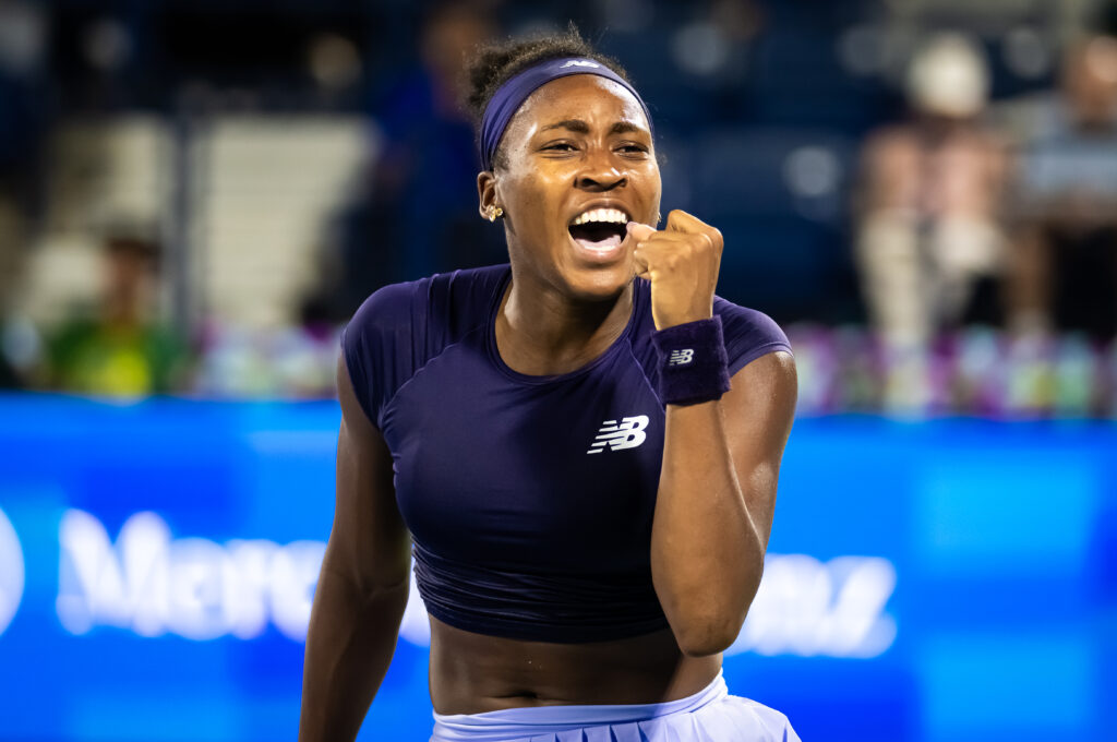 Coco Gauff celebrates her win against Alex Eala at the 2026 Dubai Tennis Championships