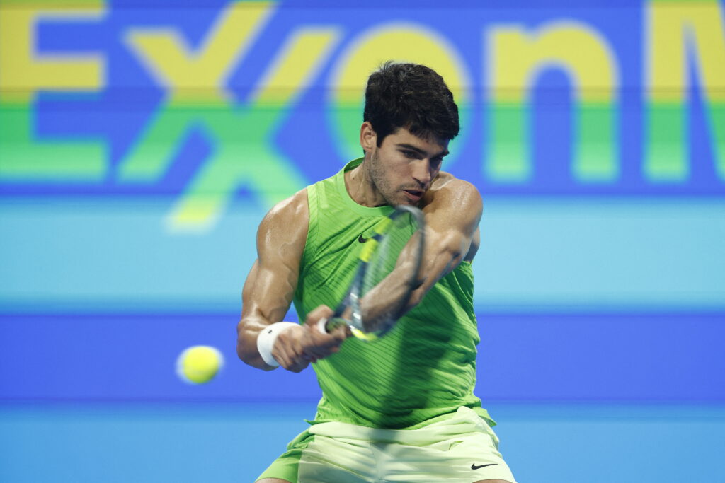 Carlos Alcaraz in action at the Qatar Open.