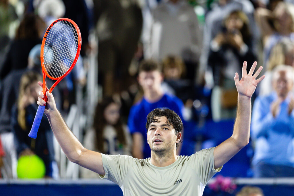 Taylor Fritz celebrates after beating Rafael Jodar at the 2026 Delray Beach Open.