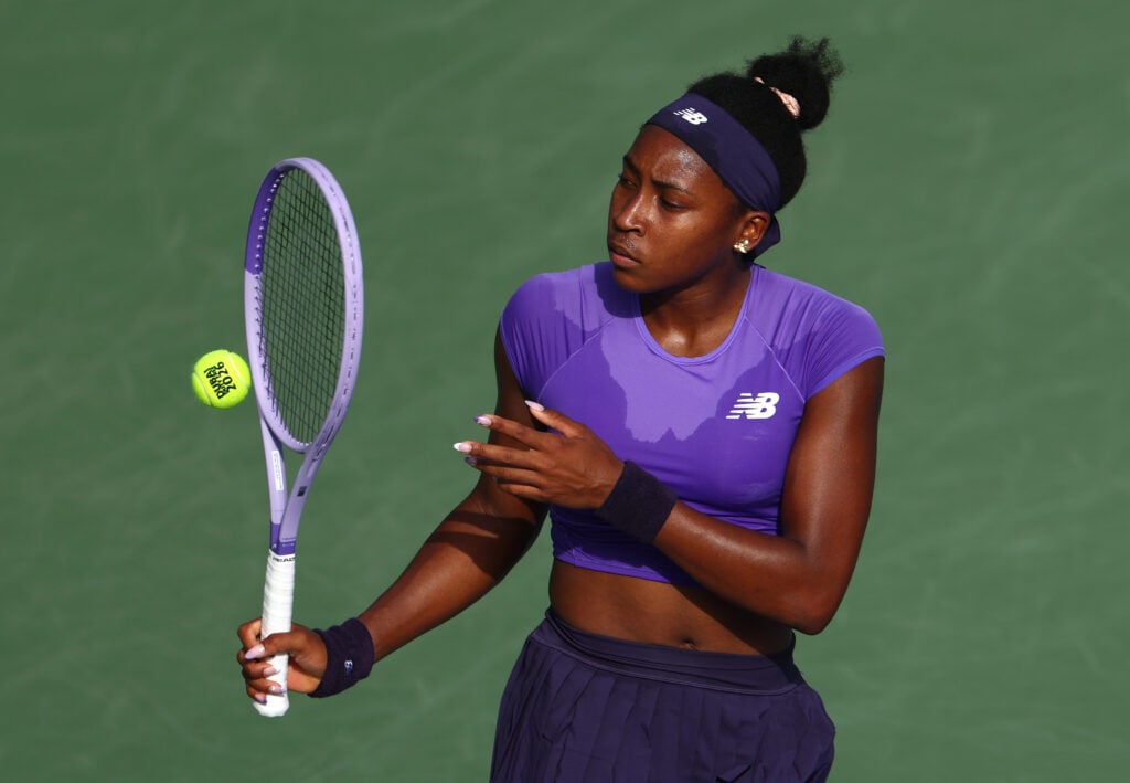 Coco Gauff reacts during the 2026 Dubai Tennis Championships