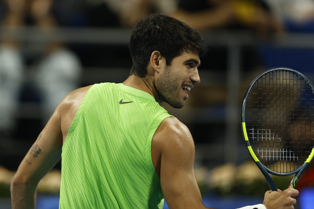 Carlos Alcaraz celebrates during his semifinal win at the 2026 Qatar Open