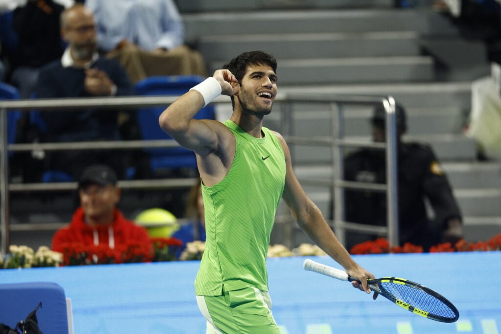 Carlos Alcaraz reacts during the semifinals of the 2026 Qatar Open